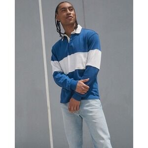 AYR Mens The Go Team Blue White Striped Long Sleeve Cotton Rugby Shirt Large